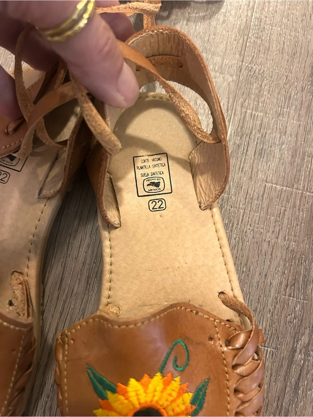 Nuez Mexican Huarache Sandals Womens Size 5 Brown Sunflower Lace-Up